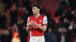 Kieran Tierney of Arsenal celebrates after the Premier League match between Arsenal and Tottenham Hotspur at Emirates Stadium on September 26, 2021 in London, England