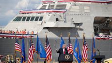 President Donald Trump speaks to workers during a visit to the Fincantieri Marinette Marine shipyard on June 25, 2020 in Marinette, Wisconsin. The company was awarded a $5.5 billion contract to build ships for the U.S. Navy.