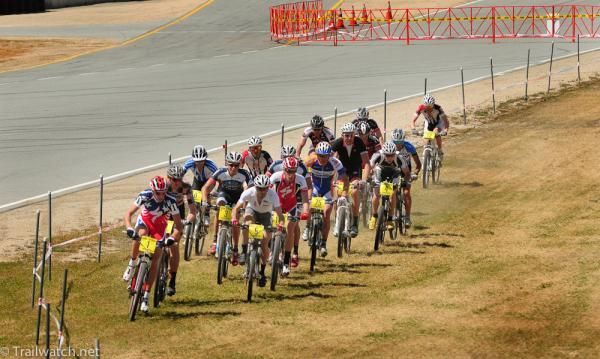 The early lead group was massive along the Laguna Seca track