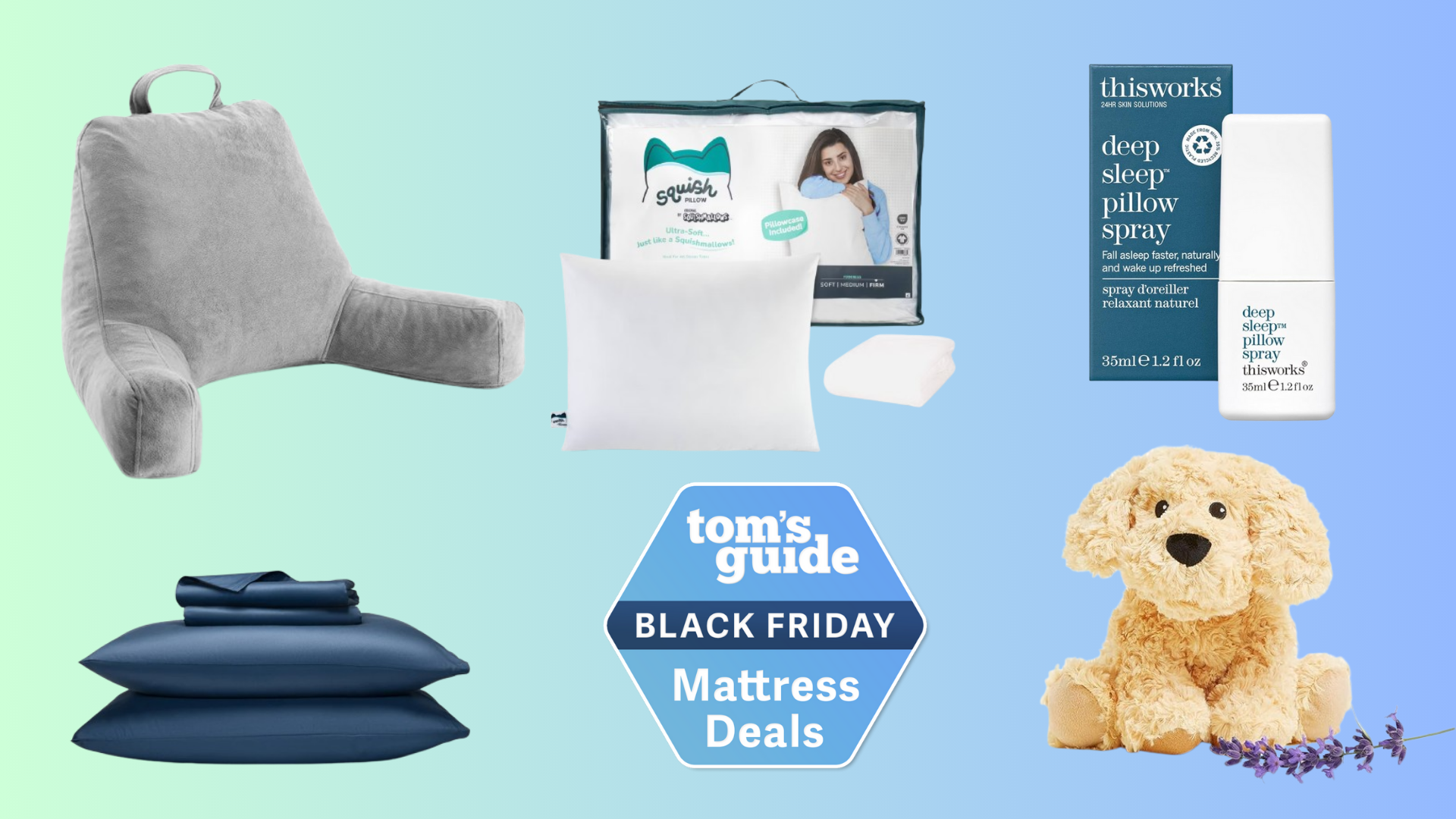 Black Friday sleep gift products against a bluish green background with TG Black Friday Mattress deals badge in the center