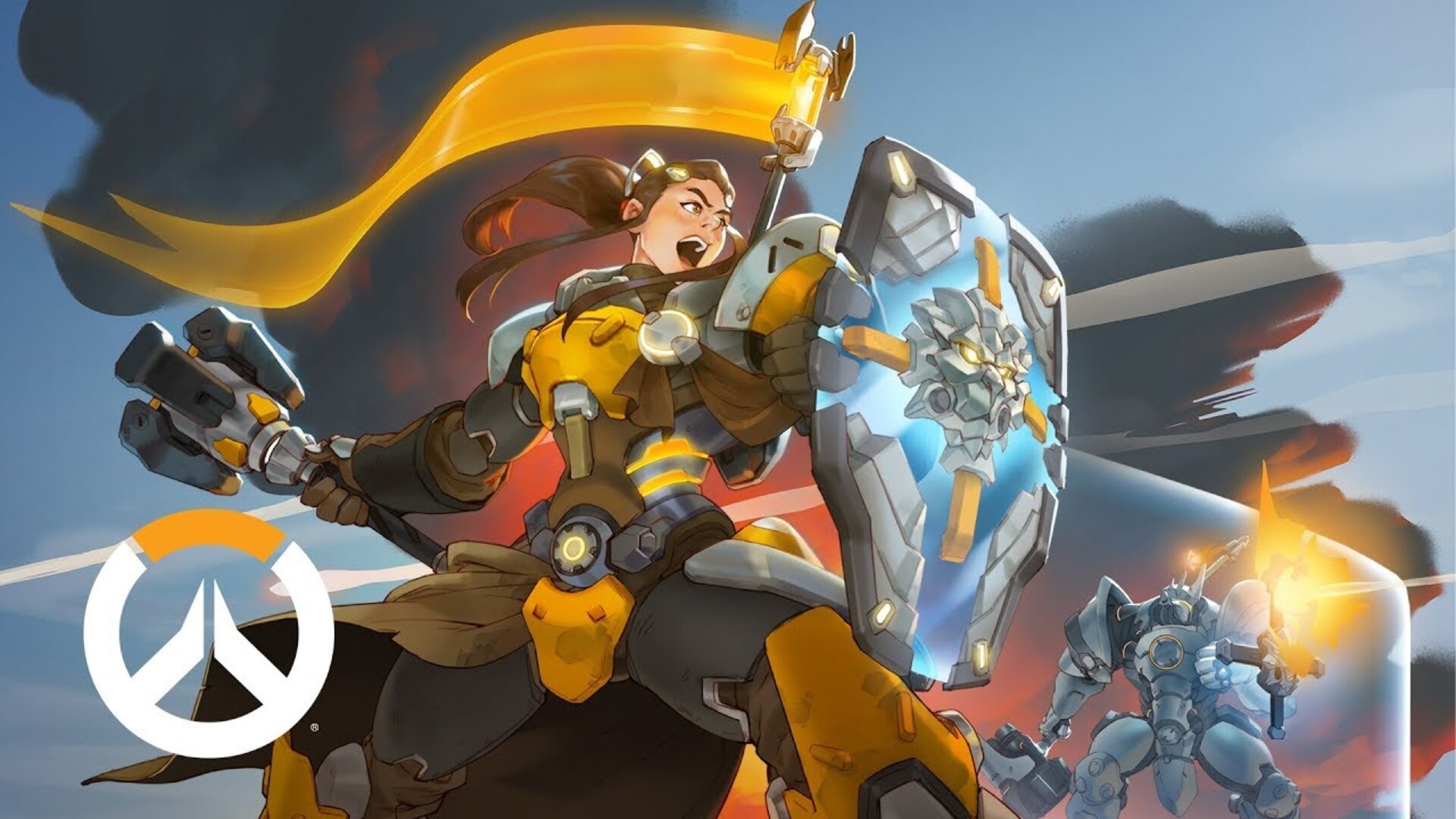 Brigitte keyart showing her holding her shield up, in the midst of battle