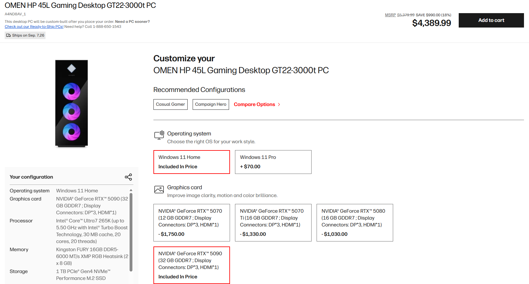 Configuration page for OMEN HP 45L Gaming Desktop GT22-3000t PC, featuring a sleek black desktop with illuminated circular vents and options for operating system and graphics card.