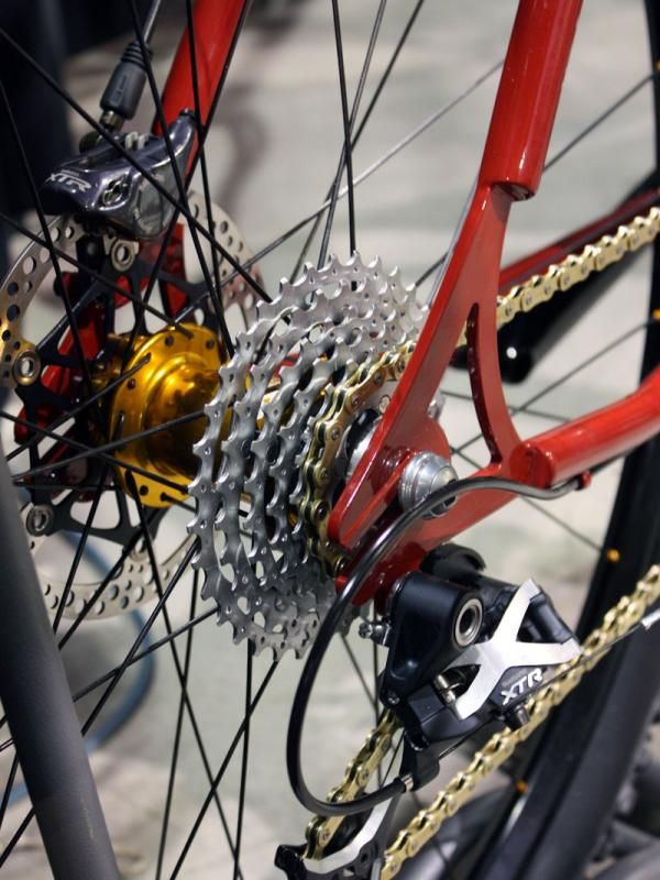 Groovy Cycleworks modified a Shimano Deore XT cassette to fit on a truncated Chris King singlespeed freehub body for a dishless rear wheel.