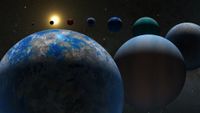A series of illustrated worlds orbit next to each other through space.