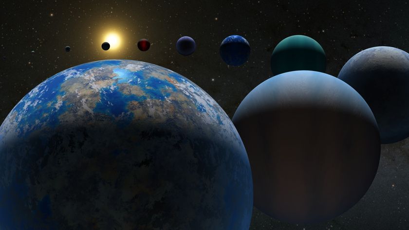 A series of illustrated worlds orbit next to each other through space.