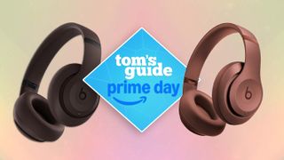 To sets of Beats Studio Pro in brown on a pink background with a prime day tag