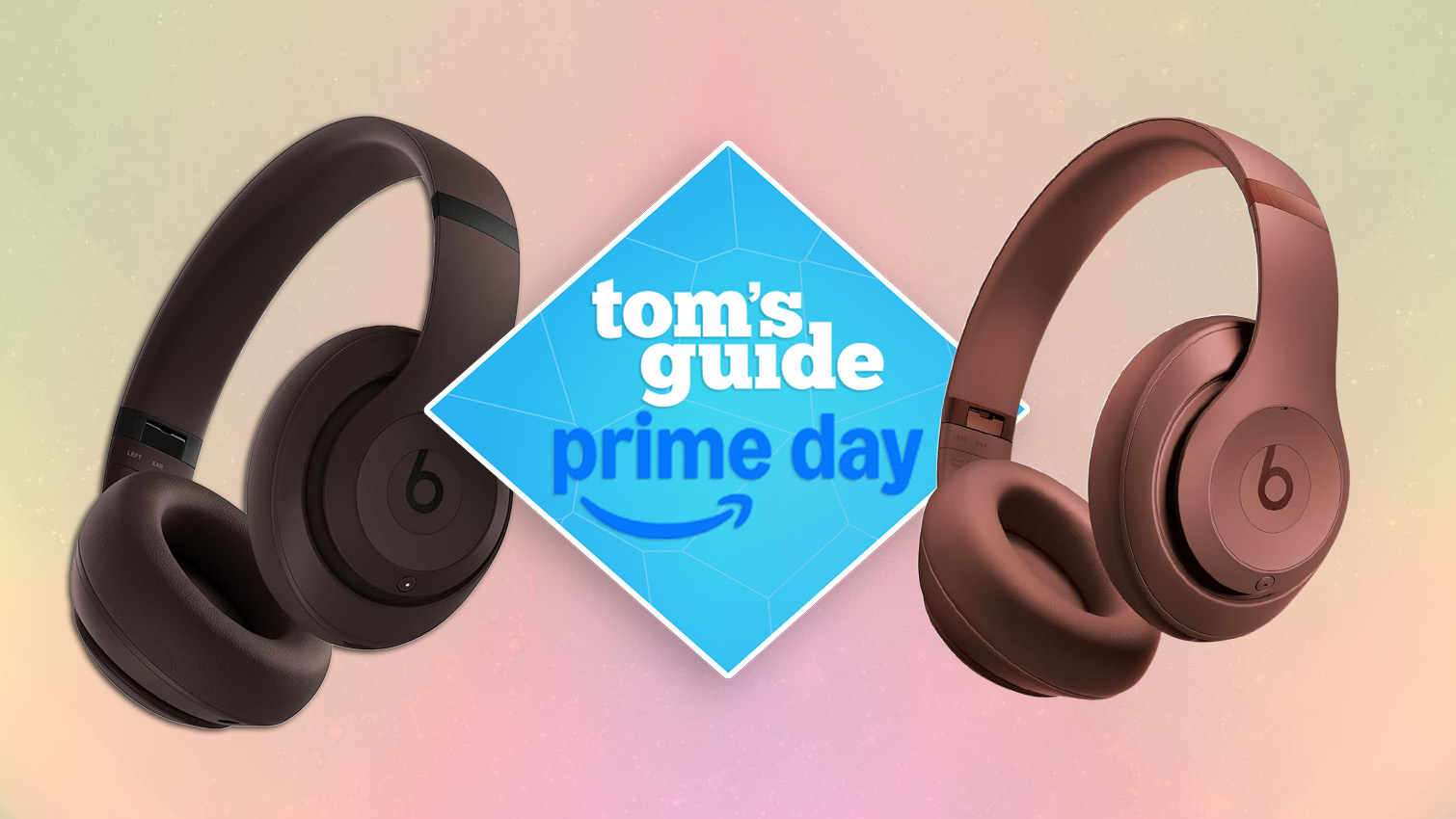 Two sets of Beats Studio Pro in brown on a pink background with a prime day tag