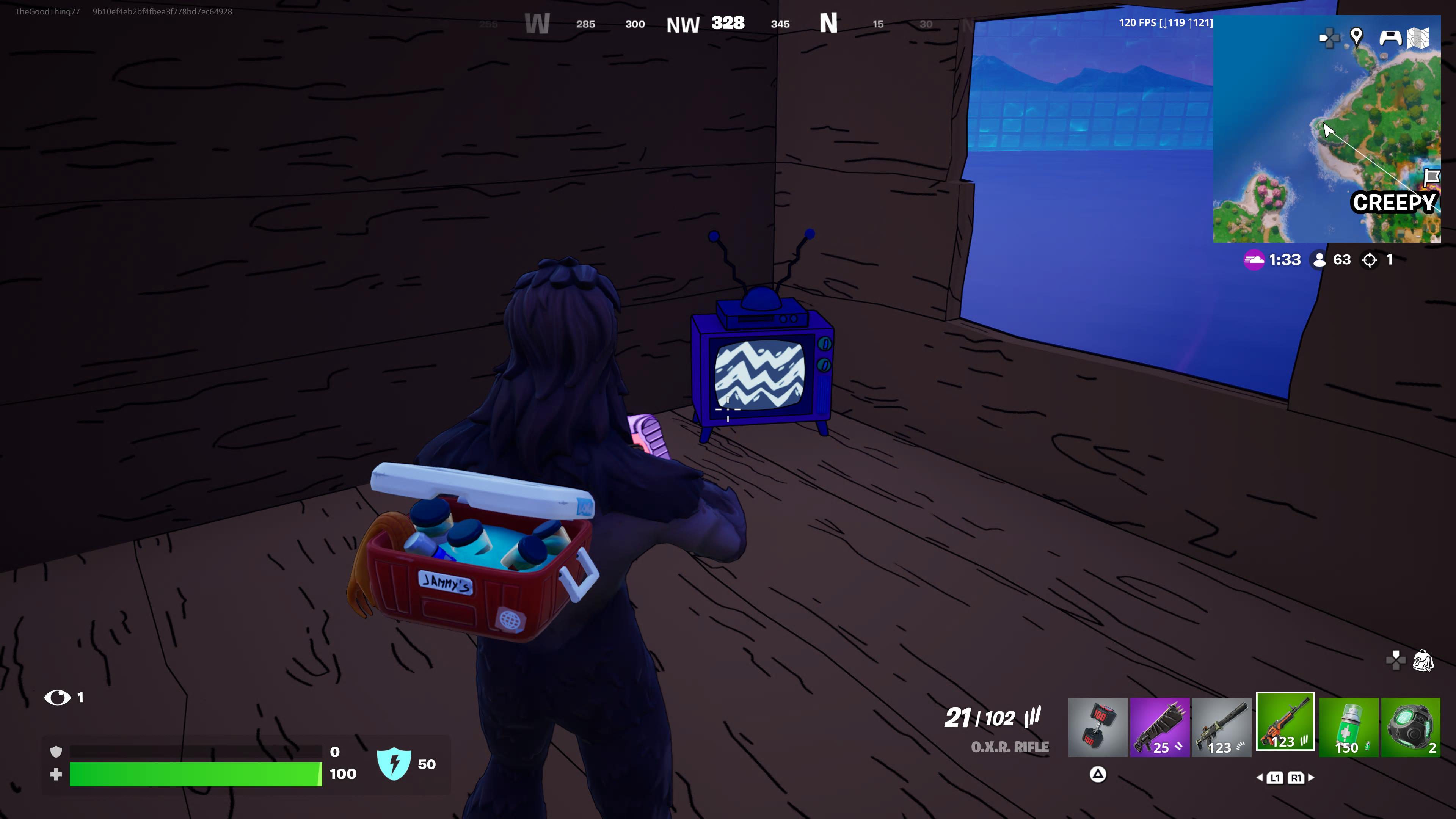 Standing in a treehouse, looking at a scrambled TV set in the far corner