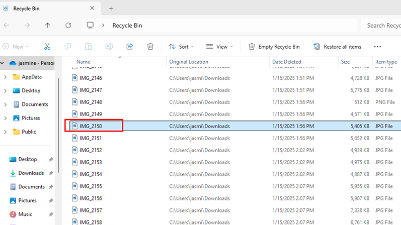 screenshot showing the Recycle Bin interface in Windows 11
