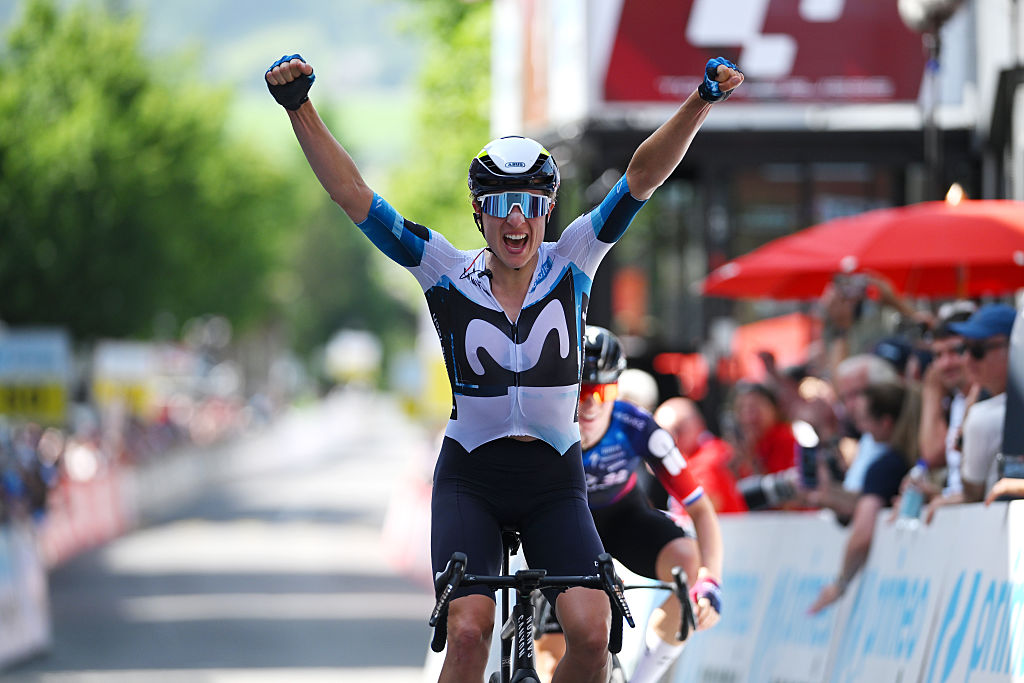 Marlen Reusser of Switzerland and Team Movistar celebrates at finish line as stage winner during the 5th Tour de Suisse Women 2025, Stage 1 a 95.5km stage from Gstaad to Gstaad 1047m / #UCIWWT / on June 12, 2025 in Gstaad, Switzerland. (Photo by Tim de Waele/Getty Images)