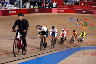 The derny leads out the men's Keirin at the Tokyo Olympics in 2021