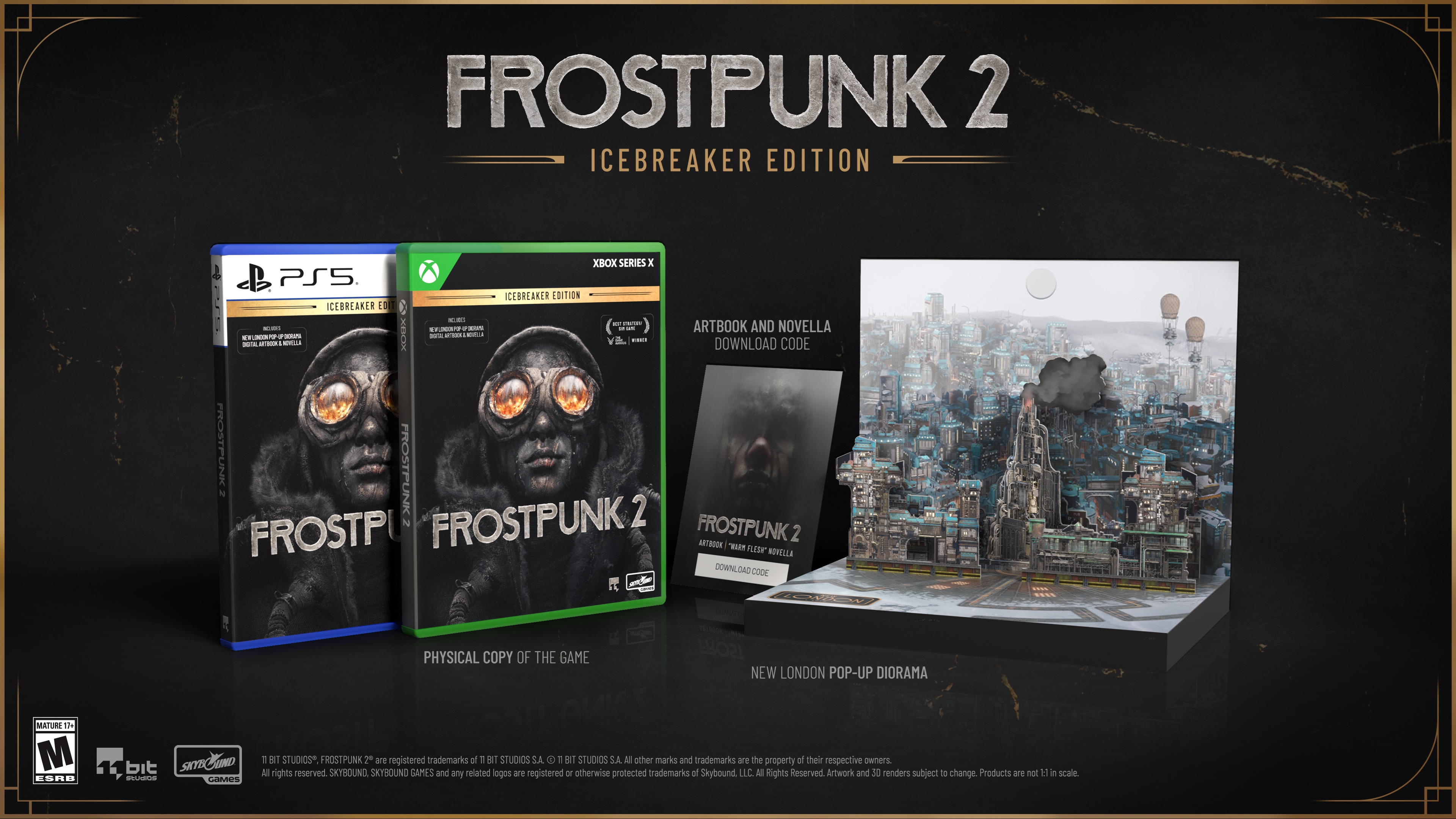 Frostpunk 2 Icebreaker edition, with a game case and diorama
