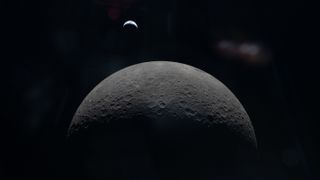 A photo of the crescent moon taken from a spacecraft, with the crescent Earth visible above the lunar horizon, hanging in the blackness of space.