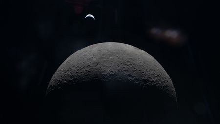 A photo of the crescent moon taken from a spacecraft, with the crescent Earth visible above the lunar horizon, hanging in the blackness of space.