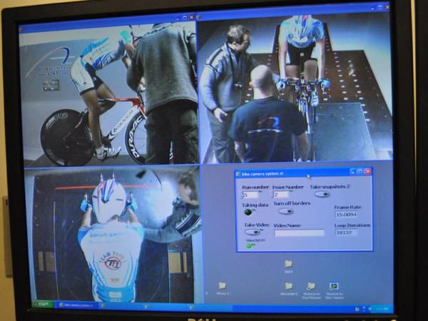 A close-up of the video monitor as a Team Type 1 rider gets instructions about his forthcoming wind tunnel session.