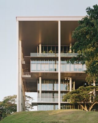 Building constructed of concrete, glass, and aluminium panels