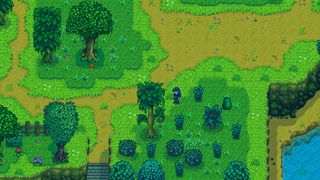 Stardew Valley green rain - the player is standing in a field near som moss-infested trees during green rain