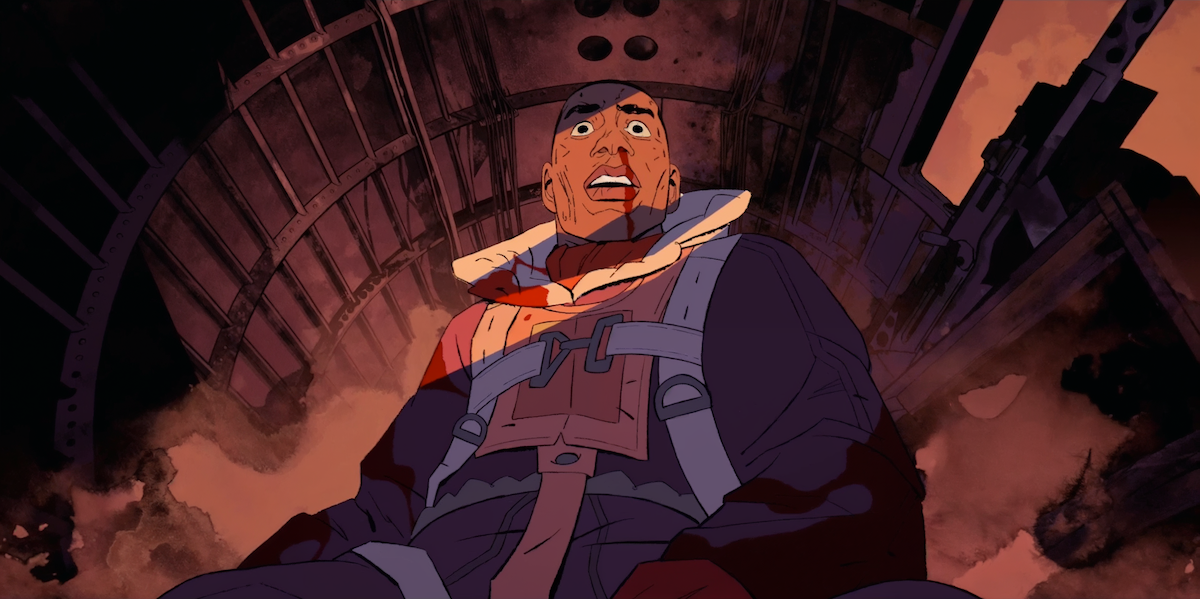 A World War II airman stares in horror inside a plane