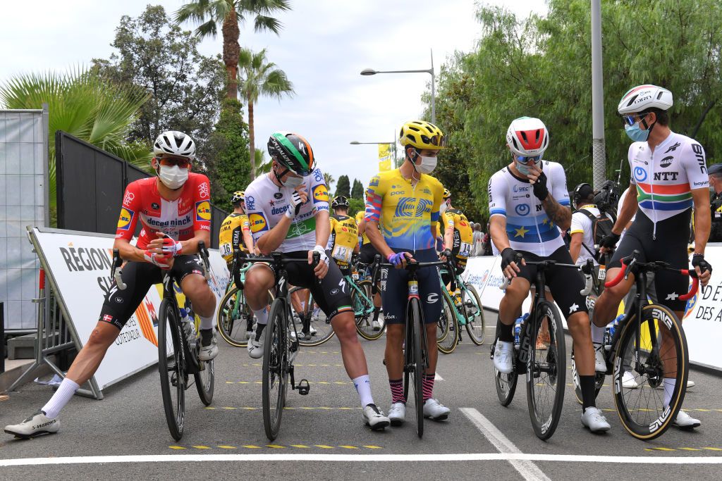 NICE FRANCE AUGUST 29 Start Michael Morkov of Denmark and Team Deceuninck QuickStep Sam Bennett of Ireland and Team Deceuninck QuickStep Sergio Andres Higuita Garcia of Colombia and Team EF Pro Cycling Giacomo Nizzolo of Italy and NTT Pro Cycling Team Ryan Gibbons of South Africa and NTT Pro Cycling Team Mask Covid safety measures during the 107th Tour de France 2020 Stage 1 a 156km stage from Nice Moyen Pays to Nice TDF2020 LeTour on August 29 2020 in Nice France Photo by Tim de WaeleGetty Images