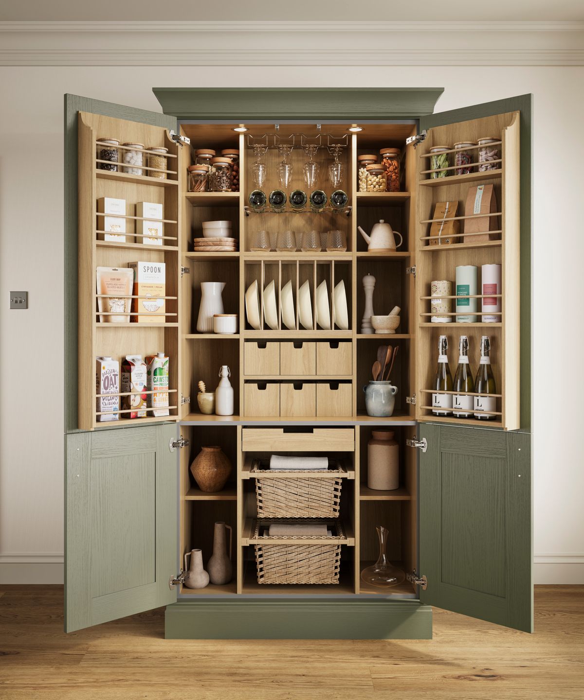green and pale wood pantry unit filled with items