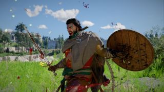 Crimson Desert skills: Kliff shouting with his shield and sword out to the side after attacking an enemy off-screen in a grassy environment.