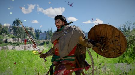 Crimson Desert skills: Kliff shouting with his shield and sword out to the side after attacking an enemy off-screen in a grassy environment.