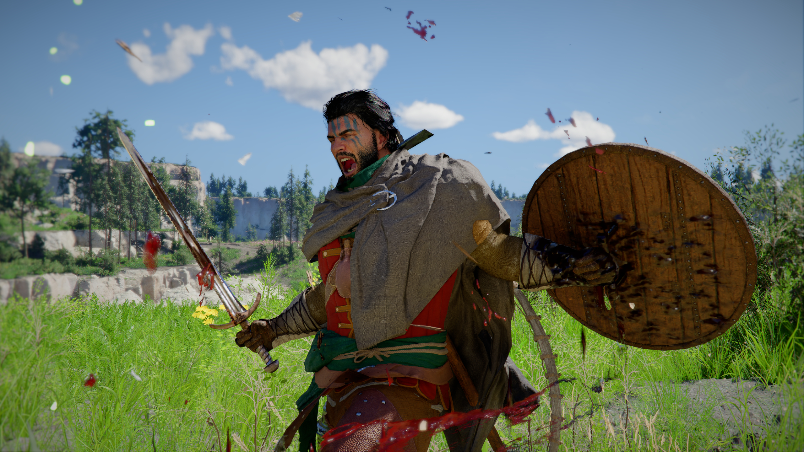 Crimson Desert skills: Kliff shouting with his shield and sword out to the side after attacking an enemy off-screen in a grassy environment.