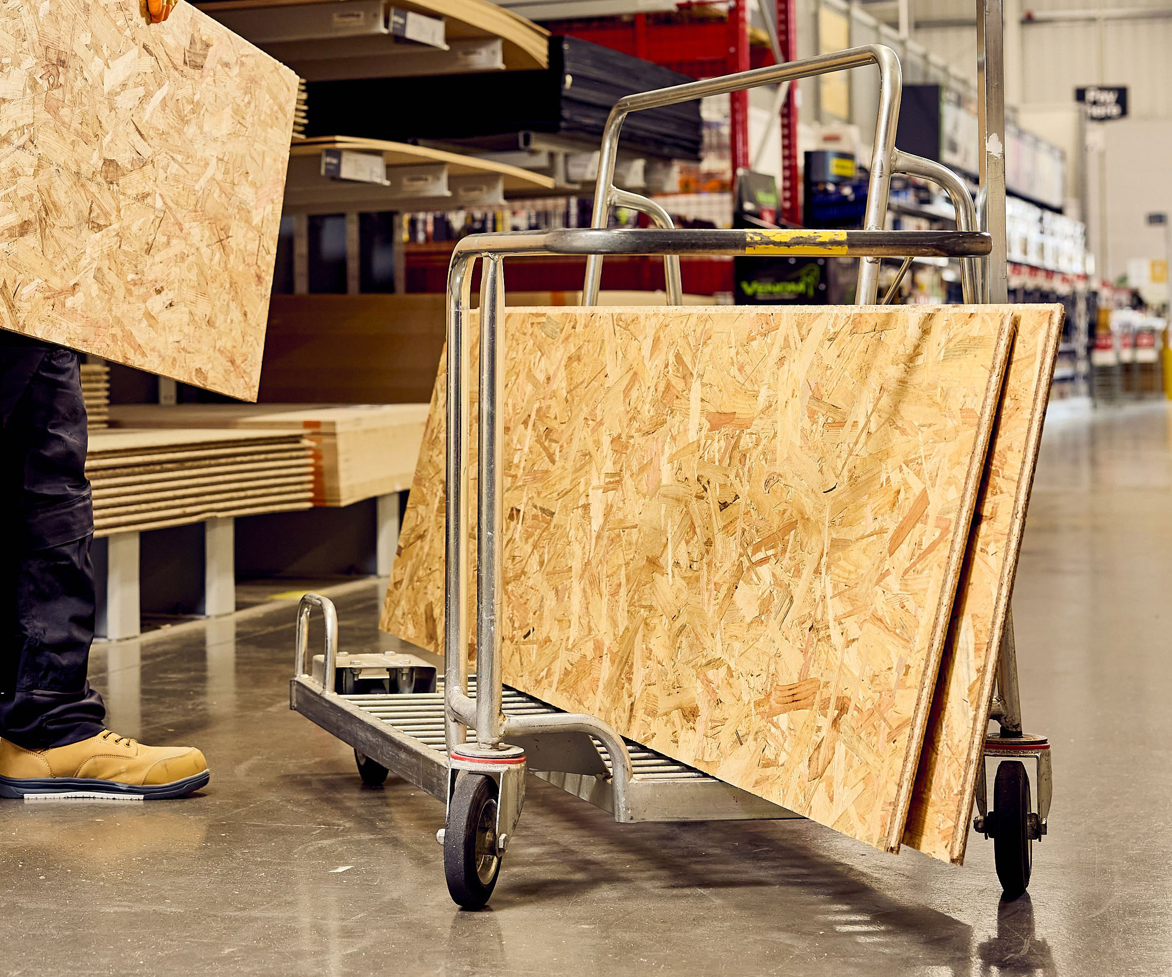 OSB boards on trolley in warehouse