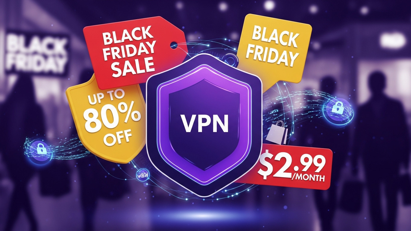 VPN symbol with Black Friday price tags