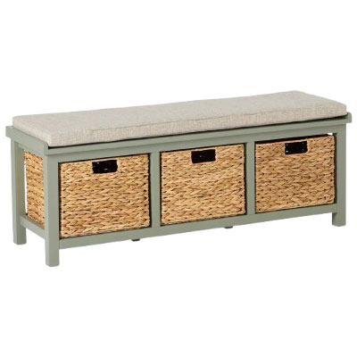 sage green storage bench with wicker drawers