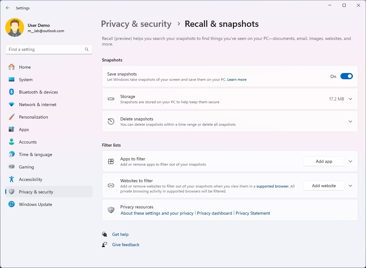 Recall & snapshots settings