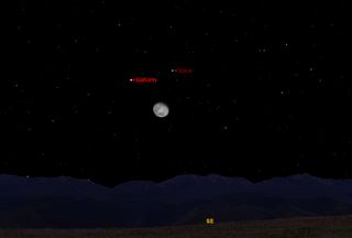 This sky map shows the location of Saturn, the moon and the bright star Spica on March 10, 2012.