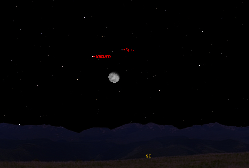 This sky map shows the location of Saturn, the moon and the bright star Spica on March 10, 2012.