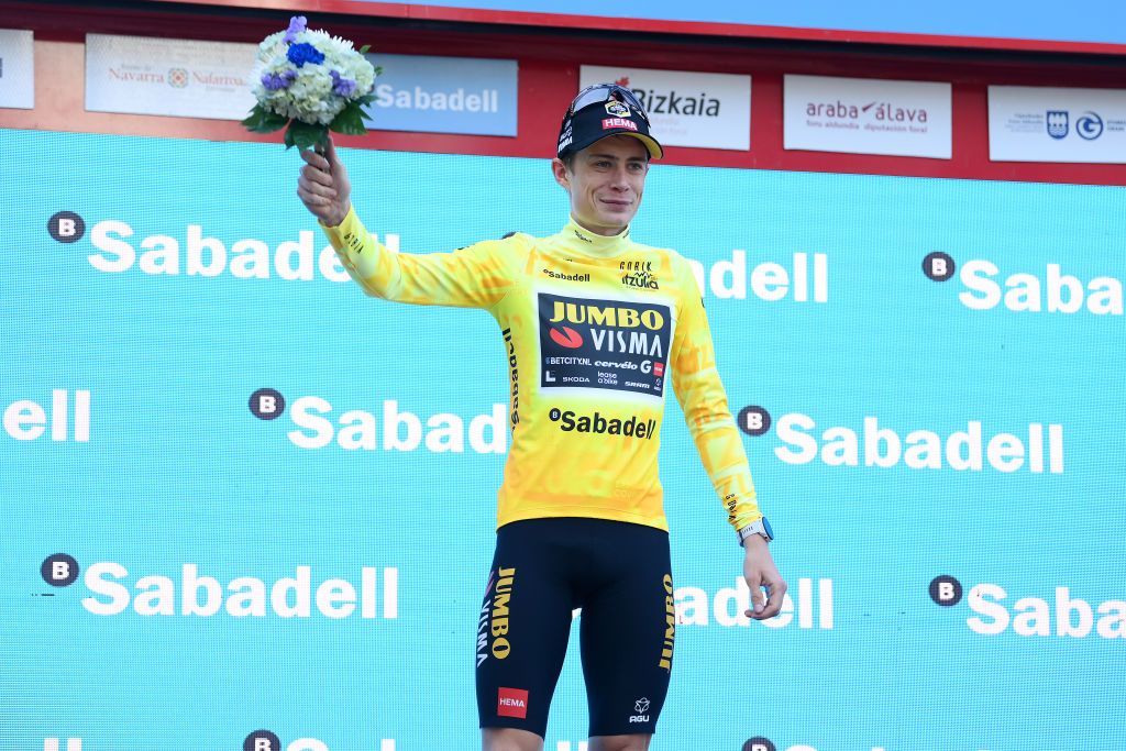 SANTURTZI SPAIN APRIL 06 Jonas Vingegaard of Denmark and Team Jumbo Visma Yellow Leader Jersey celebrates at podium during the 62nd Itzulia Basque Country Stage 4 a 1757km stage from Santurtzi to Santurtzi UCIWT on April 06 2023 in Santurtzi Spain Photo by David RamosGetty Images