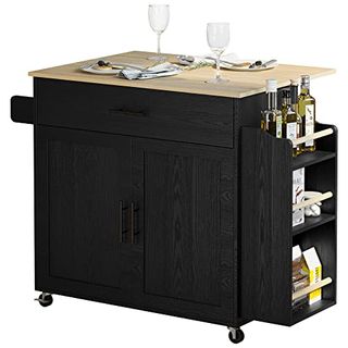 Ironck Kitchen Island With Storage, Rolling Kitchen Island on Wheels With Drop Leaf, Charging Station, 3 Open Spice Rack, Cabinet, Drawer, Kitchen Cart Island Table for Kitchen, Black