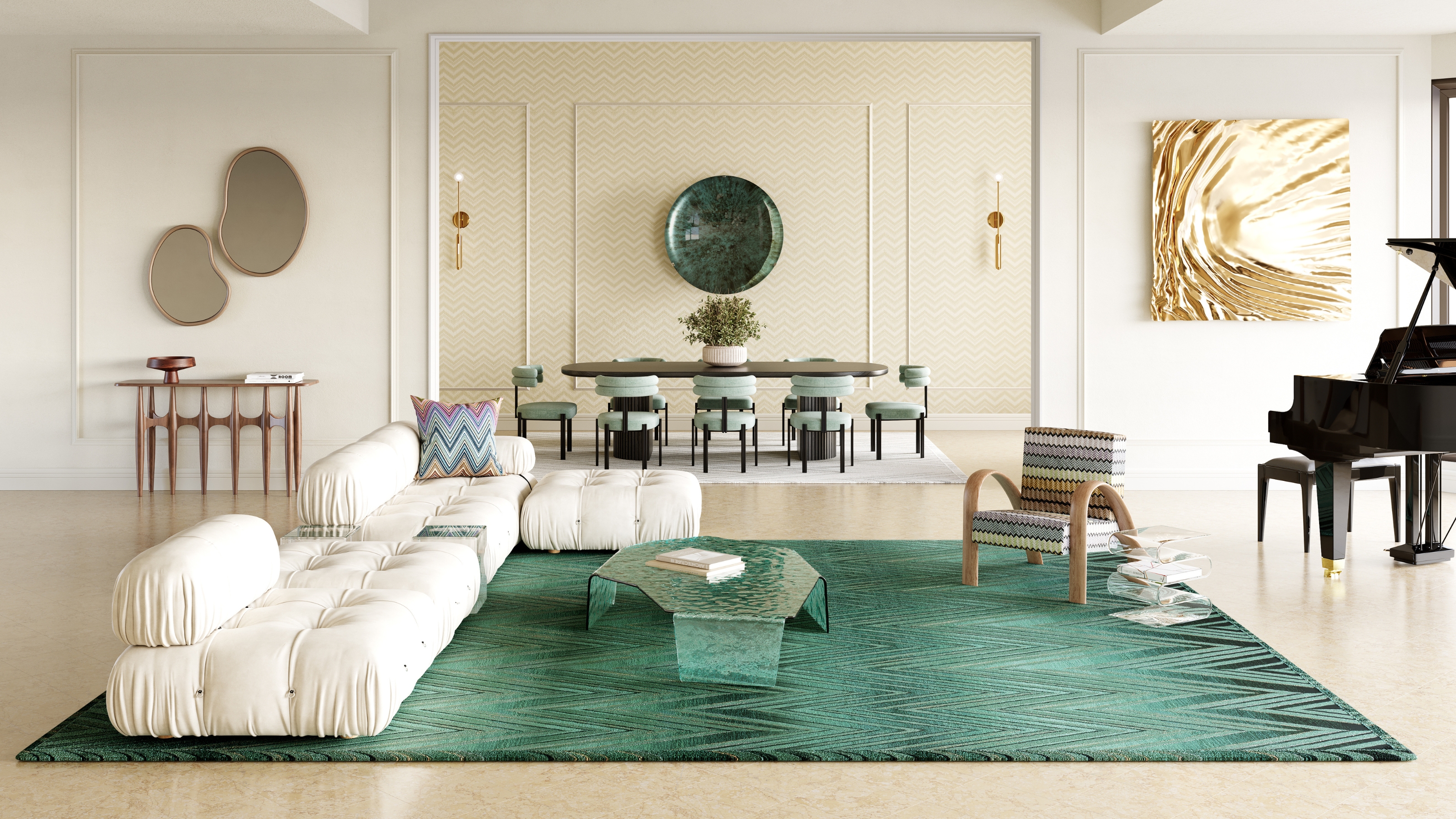 Image of a grand, white living room that opens into a formal dining room. There is a teal rug on the ground with a white, modular sofa, glass coffee table, and accent chair positioned on it. There is abstract art on the walls and a grand piano in the corner. 