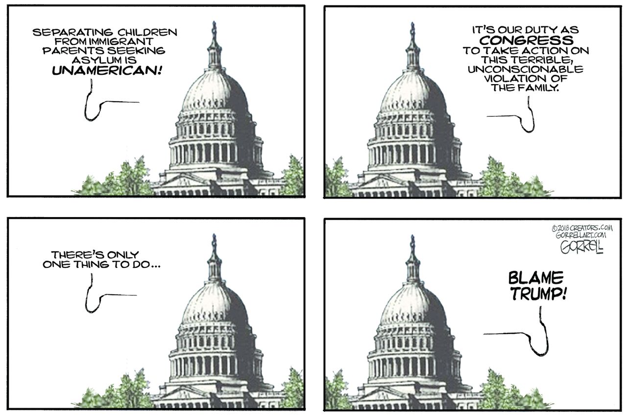 Political cartoon U.S. Congress inaction family separation Trump immigration policy border ICE