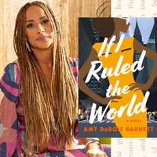 a headshot of author and editor amy dubois barnett wearing a colorful dress opposite the cover of her book featuring a woman in a yellow dress with her hands on her hips standing in a new york city street