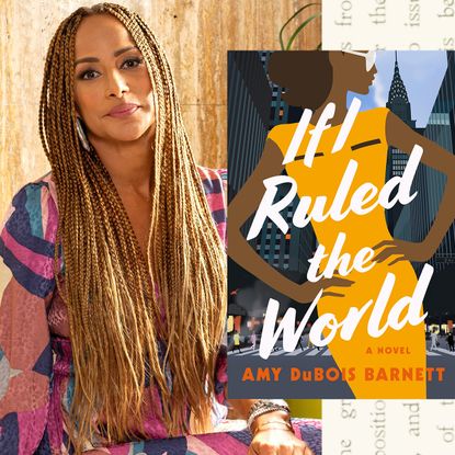 a headshot of author and editor amy dubois barnett wearing a colorful dress opposite the cover of her book featuring a woman in a yellow dress with her hands on her hips standing in a new york city street