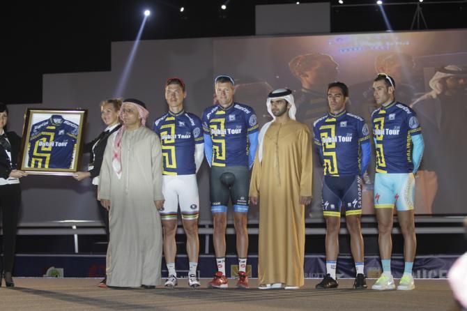 Racers at a Tour Dubai press con