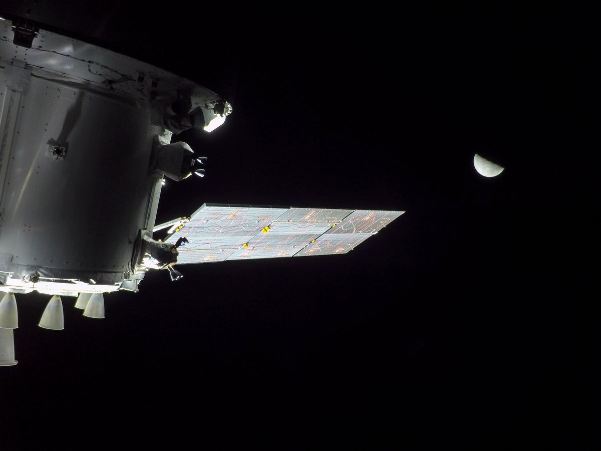 A camera on the tip of one of the Artemis 1 Orion capsule&#039;s solar arrays took this photo on Nov. 27, 2022, as the spacecraft traveled in distant retrograde orbit around the moon.