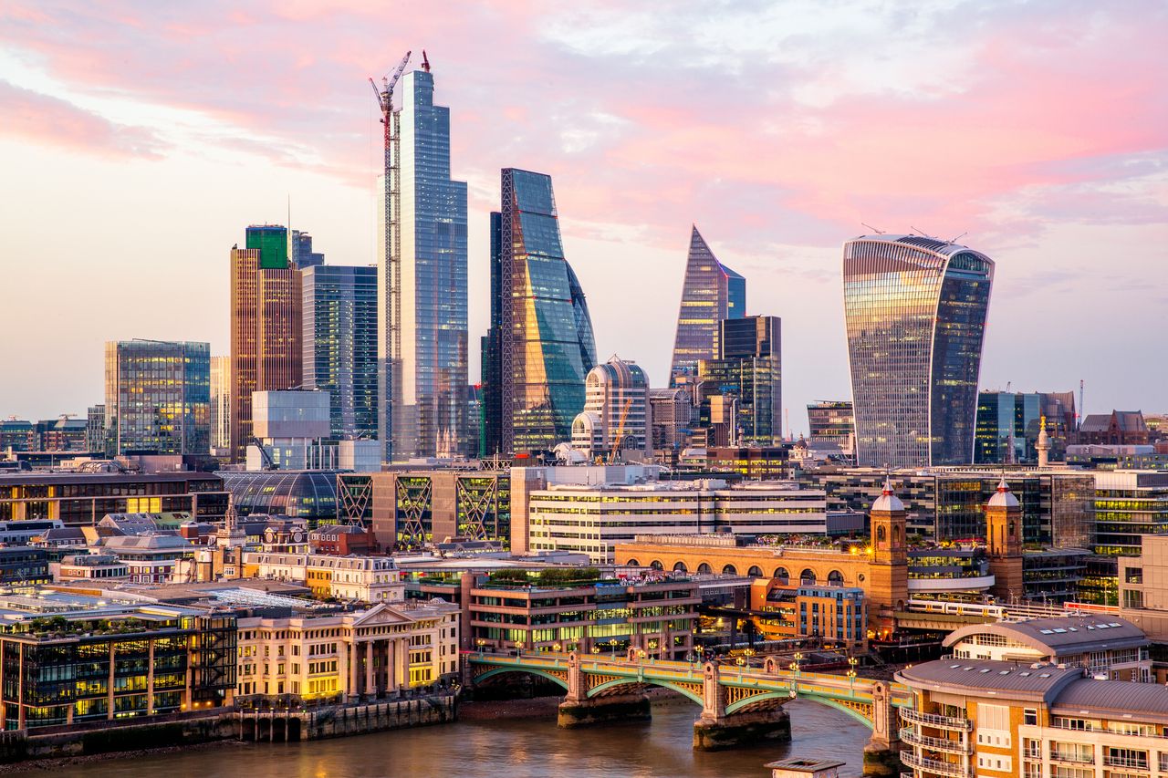 High angle view of skyscrapers in City of London at sunset, England, UK