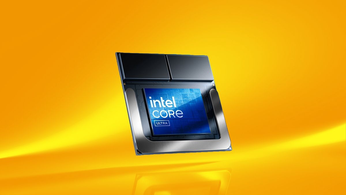 Intel Lunar Lake Core Ultra 200 chip on a yellow gradient background