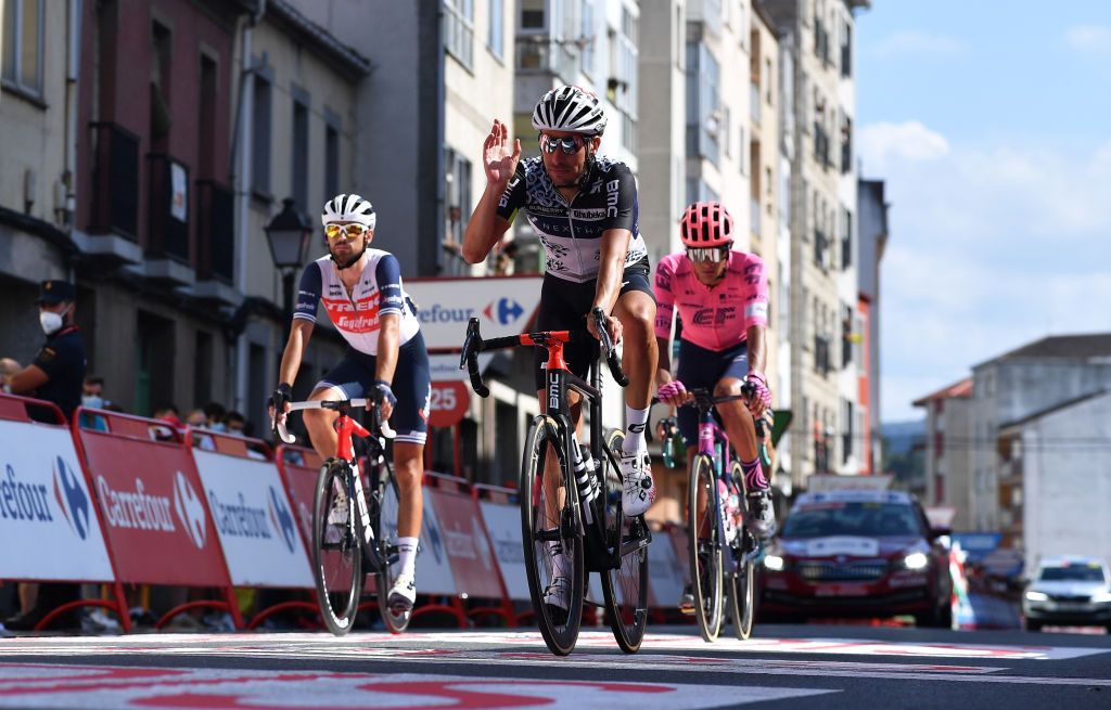 MONFORTE DE LEMOS SPAIN SEPTEMBER 03 Fabio Aru of Italy and Team Qhubeka Nexthash crosses the finishing line during the 76th Tour of Spain 2021 Stage 19 a 1912 km stage from Tapia to Monforte de Lemos lavuelta LaVuelta21 on September 03 2021 in Monforte de Lemos Spain Photo by Stuart FranklinGetty Images
