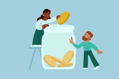 A couple saves money by putting coins into a jar, conceptual illustration