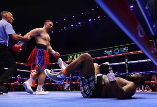 Joseph Parker knocks out Martin Bakole during the WBO Interim World Heavyweight title fight between Martin Bakole and Joseph Parker as part of Beterbiev v Bivol 2: The Last Crescendo at Kingdom Arena on February 22, 2025 in Riyadh, Saudi Arabia.