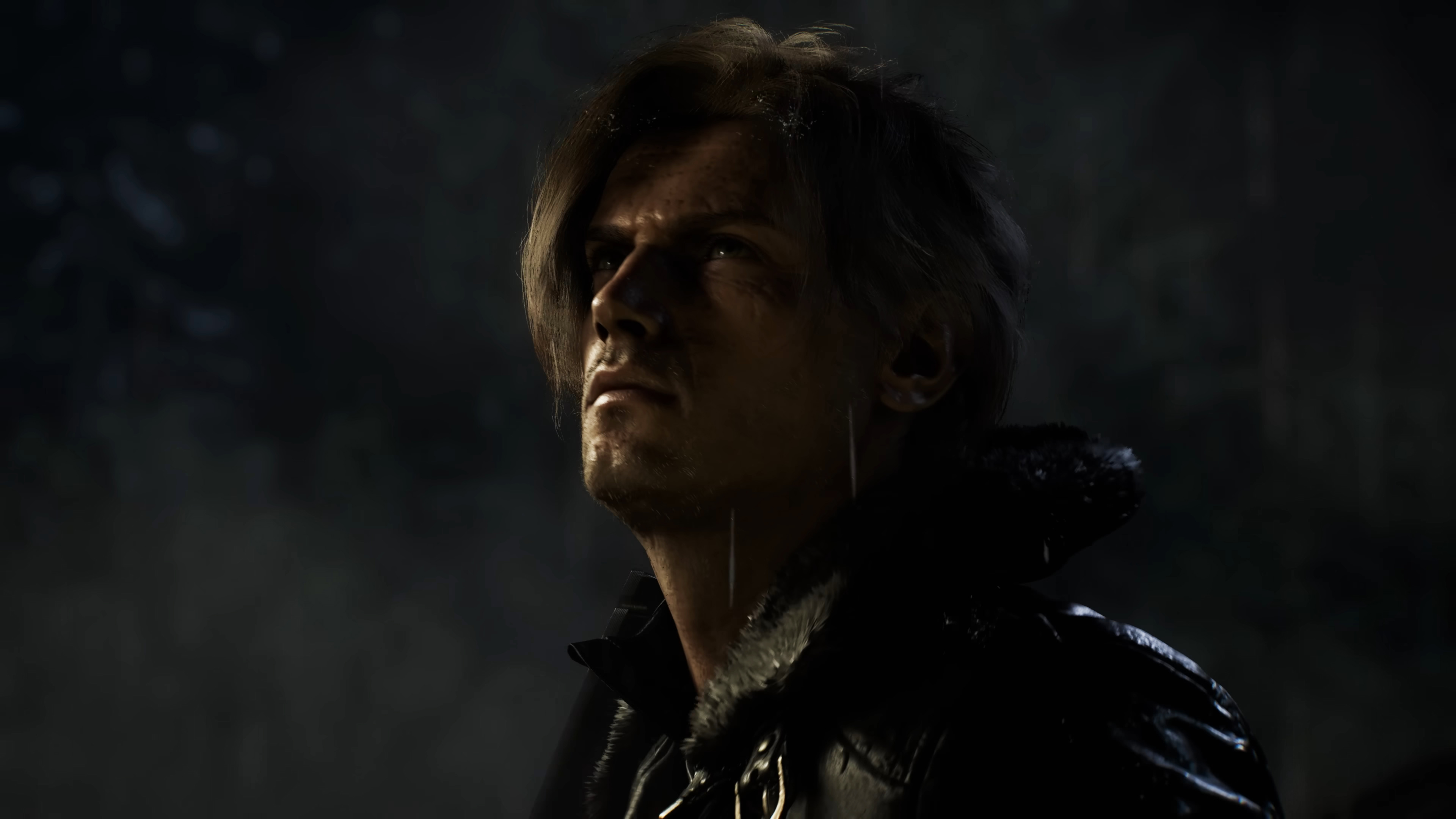 Leon Kennedy in Resident 9: Requiem trailer as he stands outside in the dark and looking older