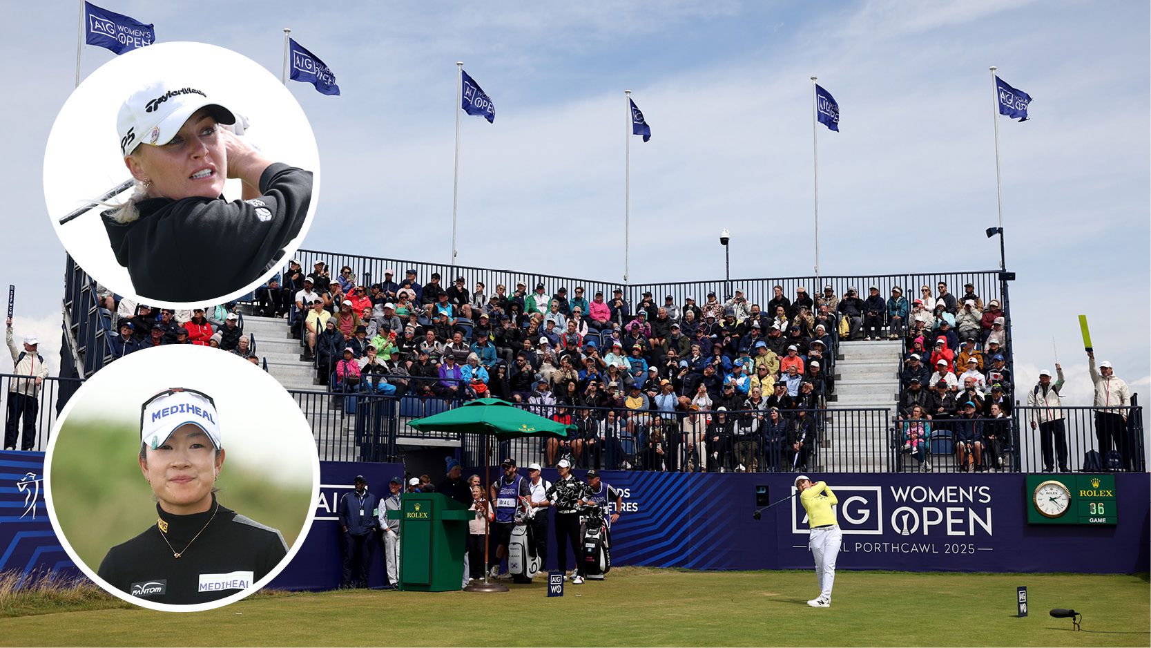 Main image of Miyu Yamashita teeing off from the first at Royal Porthcawl in the final round of the 2025 AIG Women&#039;s Open with inset photos of Charley Hull (top left) and A Lim Kim (bottom left)