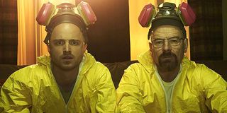 Breaking Bad Aaron Paul Jesse Pinkman Bryan Cranston Walter White in yellow meth lab suits AMC