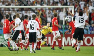 Michael Ballack scores a free-kick for Germany against Austria at Euro 2008.